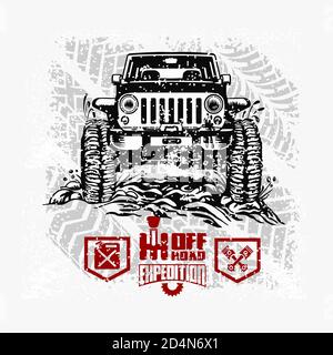 Jeep Wrangler - SUV-Auto auf weiß - Elemente für T-Shirt und Emblem - Vektor-Set Stock Vektor