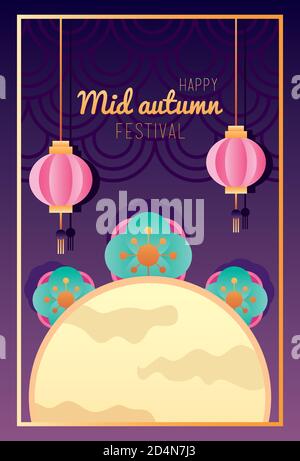 Happy Mid Autumn Festival Lettering Poster mit Mond und Laterne vektorgrafik Design Stock Vektor