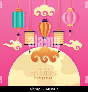 Happy Mid Autumn Festival Lettering Poster mit Laternen und Wolken In Vollmond Vektor Illustration Design Stock Vektor
