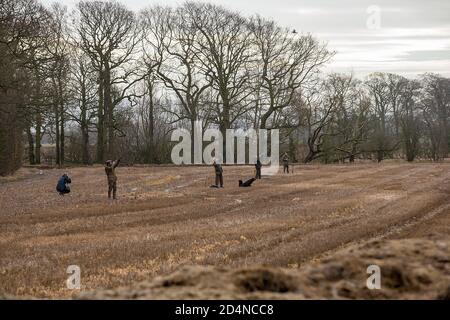 Ziel auf einen Vogel bei einem driven Spiel schießen in Lancashire, England Stockfoto