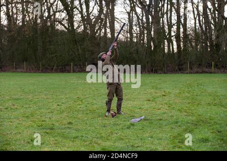 Ziel auf einen Vogel bei einem driven Spiel schießen in Lancashire, England Stockfoto