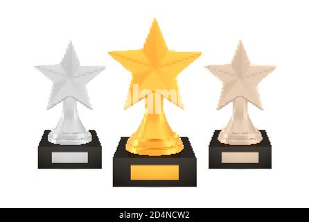 Siegerstar Awards Set, Gold Silber Bronze Trophäe Tassen auf Ständer mit leeren Platten Stock Vektor