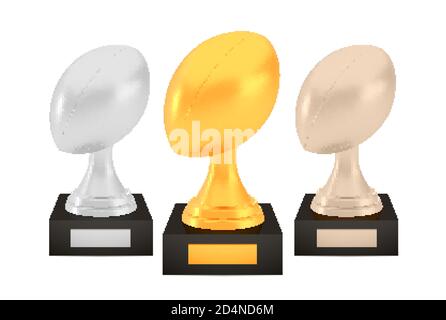 Gewinner Rugby Awards Set, Gold Silber Bronze Trophäe Tassen auf Ständer mit leeren Platten Stock Vektor