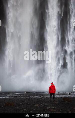 Rot gekleideter Mann, der vor der Wasserwand des berühmten isländischen Wasserfalls namens Seljalandsfoss steht. Auf Ihren Kalender oder Ihre Postkarte. Stockfoto