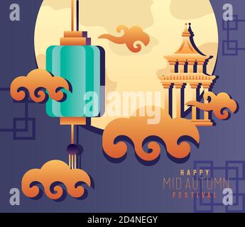 Fröhliches Herbstfest-Lettering-Poster mit Laterne und Schloss Im Mond Vektor Illustration Design Stock Vektor