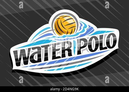 Vektor-Logo für Wasserball Sport, weißes modernes Emblem mit Darstellung des fliegenden Balls im Tor, einzigartiger Schriftzug für schwarze Wörter Wasserball, Sportsig Stock Vektor