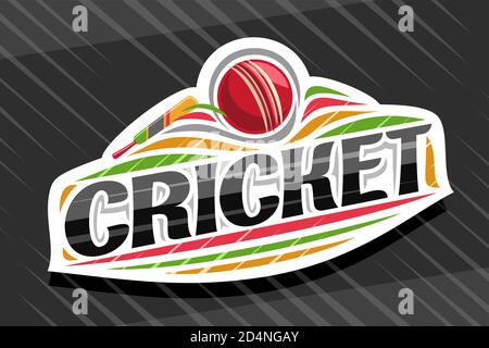 Vektor-Logo für Cricket Sport, weißes modernes Emblem mit Illustration von fliegenden Ball in Tor und Fledermaus, einzigartige Beschriftung für schwarzes Wort Cricket, Sport s Stock Vektor