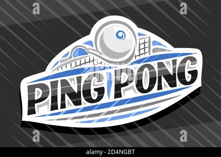 Vektor-Logo für Ping Pong Sport, weißes modernes Emblem mit Abbildung des fliegenden Balls im Tor, einzigartiger Schriftzug für schwarze Wörter Ping Pong, Sportschild Stock Vektor