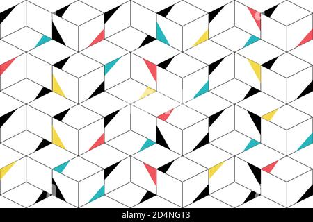 Nahtlose, abstrakte Hintergrund-Muster mit Linien bilden Würfel und bunte Dreiecke. Moderne, verspielte, lustige Vektorkunst Stockfoto