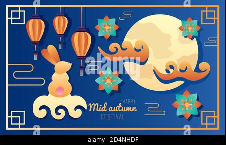 Happy Mid Autumn Festival Lettering Poster mit Kaninchen und Mond vektorgrafik Design Stock Vektor