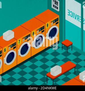 Isometrische Self-Service-münzbetriebene Waschküche mit professionellen Waschmaschinen Stockfoto