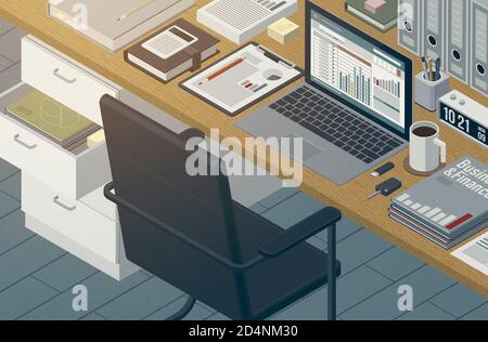 3D-Illustration. Isometrischer Business-Desktop mit Laptop und Finanzkarten: Datenanalyse, Finanz- und Managementkonzept Stockfoto