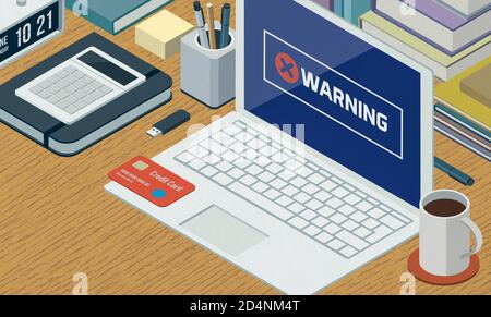 3D-Illustration. Warnung Pop-up-Alarm auf dem Laptop, Cyber-Kriminalität und Betrug Konzept, isometrischen Desktop mit Büromaterial Stockfoto