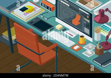 3D-Illustration. Kreativer Möbeldesigner isometrischer Desktop mit Computer und Arbeitsmitteln, Berufstätigkeit und Designkonzept Stockfoto