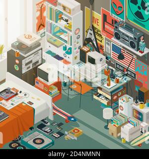 80er Jahre Stil Teenager Schlafzimmer mit Bett, Desktop, ikonische Objekte und Dekorationen, isometrische 3D-Illustration Stockfoto
