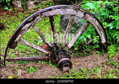 Ein altes verlassenes Wagenrad mit eiserner Felge und verrotteten Holzstäben. Stockfoto