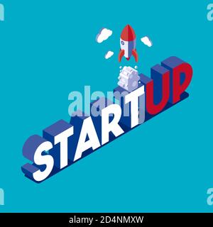 Start-up- und Business-Innovation-Konzept mit Raketenstart, isometrische 3D-Illustration mit Kopierraum Stockfoto