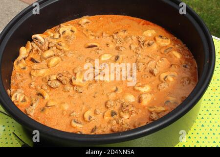 Zerfetztes Fleisch mit Pilzen in einer Sahnesauce Stockfoto