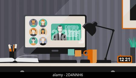 Studierende und Professor vernetzen sich online in einer Telefonkonferenz, E-Learning-Konzept Stockfoto