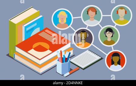 Online Virtual Classroom und Lehrbücher, Online Learning Konzept, 3D Illustration Stockfoto