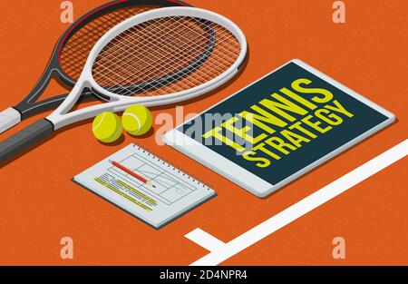 Tennisstrategien und -Taktiken: Schläger, Bälle und digitale Tablette, 3D-Illustration Stockfoto