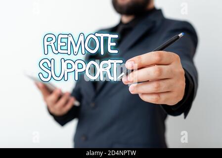 Textschild mit Remote-Support. Business Foto Text Art der sicheren Service, der Vertreter zu helfen Modell zeigen verschiedene Aufnahmen o erlaubt Stockfoto