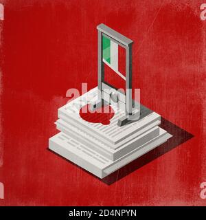 Guillotine mit italienischer Flagge und Blut auf einem Stapel von Steuerformen, Finanzkrise und Steuerkonzept, 3D-Illustration Stockfoto