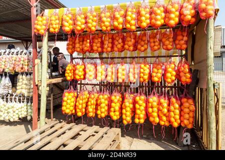 Obst und Gemüse Straßenverkäufer und Stall mit Taschen von Zitrusfrüchten oder Orangen hängen auf dem Display in Mpumalanga, Südafrika Stockfoto