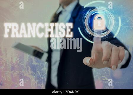 Textschild mit Franchise. Business Foto Text Recht oder Lizenz an eine Einzelperson oder Gruppe zu vermarkten Grafik Vorhängeschloss für Web-Daten informatio Stockfoto