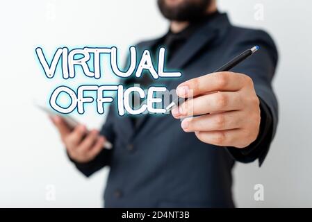 Textschild mit Virtual Office. Business Foto Text operative Domäne eines Unternehmens oder einer Organisation Virtually Model zeigt verschiedene Aufnahmen von Stockfoto