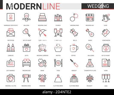 Hochzeit dünne rote schwarze Linie Symbol Vektor Illustration Set. Skizzieren Symbole für Hochzeitszeremonie und Brautparty Organisation, lineare Sammlung von Braut Kleidung, Schmuck Ringe, Kuchen Ballon Blumen Stock Vektor