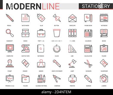 Schreibwaren dünne rote schwarze Linie Symbol Vektor Illustration Set. Linear Schule und Büro liefert Symbole Sammlung mit Stift Bleistift Schere Ordner Kleber Rechner Kalender Notizbuch Buch Ordner Stock Vektor