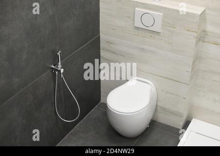 Modernes Wohnbadezimmer-Interieur mit weiß, WC oder Bidet mit Chrom-Duschkopf. Luxus weißen Themen Hintergrund für Interieur und Design. Klein Stockfoto