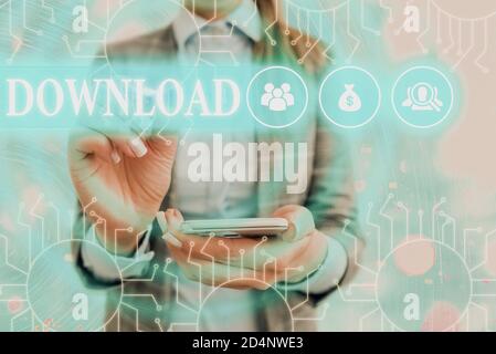 Textschild mit Download. Business Foto Text Akt oder Instanz der Übertragung etwas an einen anderen Ort Systemverwalter Steuerung, Getriebe confi Stockfoto
