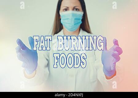 Textzeichen mit Fat Burning Foods. Business Foto präsentiert produzieren Fettabbau durch die Stimulierung des Stoffwechsels, um Appetit zu reduzieren Labortechniker Fea Stockfoto