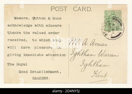 Rückseite der Edwardianischen Postkarte Auftragsbestätigung für Suttons Seeds, Reading, Berks. Verfasst am 5. März 1910, U.K. Stockfoto