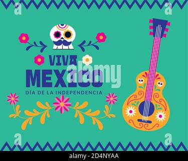 Viva mexico Dia de la independencia mit Gitarre und Totenkopf Design, Kultur Thema Vektor Illustration Stock Vektor