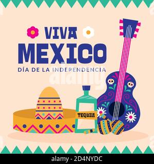 Viva mexico Dia de la independencia mit Hut Tequila und Gitarre Design, Kultur Thema Vektor Illustration Stock Vektor