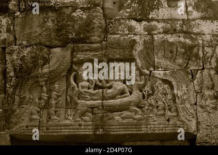 Steinschnitzereien und Säulen der Tempel von Ankor Wat Stockfoto