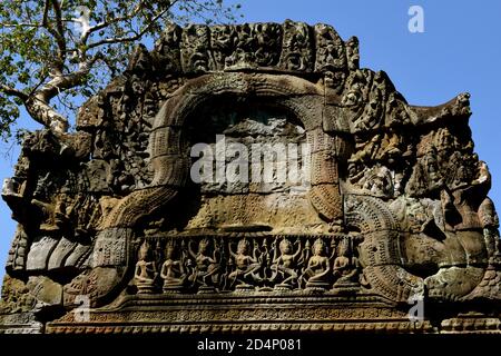 Steinschnitzereien und Säulen der Tempel von Ankor Wat Stockfoto