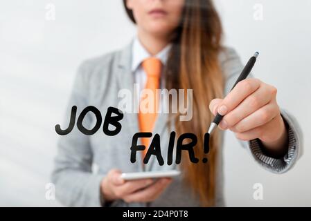 Wort schreiben Text Job Fair. Business Foto Präsentation Veranstaltung, wo Arbeitgeber bieten Informationen über ihre Unternehmen Modell zeigt verschiedene Aufnahmen o Stockfoto