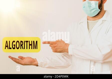 Textalgorithmus zum Schreiben von Wörtern. Business-Foto zeigt Verfahren für die Lösung eines Problems oder die Erfüllung von Aufgaben etc. Anzeige leer Sticker Papier Acce Stockfoto