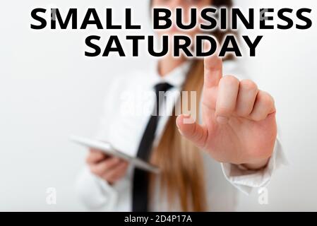 Handschrift Text Small Business Samstag. Konzeptfoto American Shopping Holiday während der Samstag Modell mit Zeigefinger symboliz gehalten Stockfoto