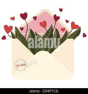 Valentinstagskonzept. Liebesbrief. Blumen mit Herzen im Umschlag im flachen Cartoons-Stil. Handgezeichneter trendiger Brief mit Blumen im Inneren. Vecto Stock Vektor