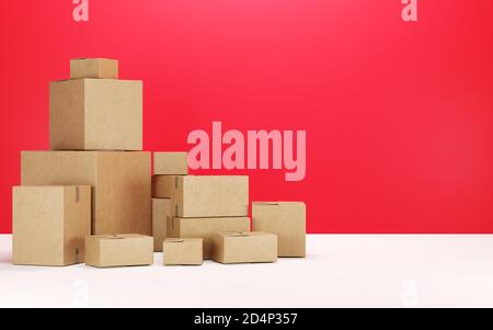 Boxen auf rotem Hintergrund, 3d-Rendering, geschlossene Boxen, Verpackung. Stockfoto