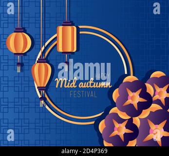 Happy Mid Autumn Festival Lettering Poster mit Blumen und Laternen Hängender Vektor Illustration Design Stock Vektor