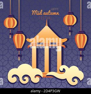 Happy Mid Autumn Festival Lettering Poster mit Schloss und Laternen In Wolken Vektor Illustration Design Stock Vektor