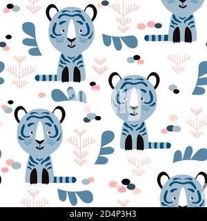Kindisch nahtloses Muster mit handgezeichneten Tigern und Savannenelementen. Kreative Kinder für Stoff, Verpackung, Textil, Tapete, Kleidung. Vektorillust Stock Vektor