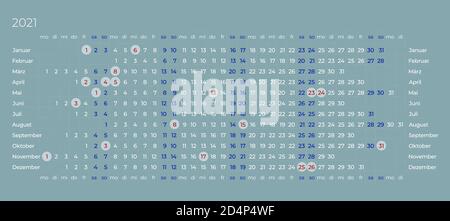 Kalender 2021 in deutscher Sprache auf blaugrauem Hintergrund. Linearer Kalender mit hervorgehobenen Urlaubsereignissen. Horizontale Vektor bearbeitbare Vorlage Stock Vektor