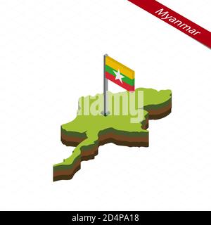 Isometrische Karte und Flagge von Myanmar. 3D isometrische Form von Myanmar. Vektorgrafik. Stock Vektor